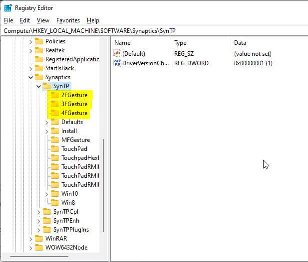Directory Synaptics di Registry Editor sudah Berubah dengan Bertambahnya Folder 2FGesture dll