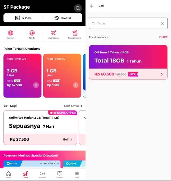 buka mysf kemudian pilih paket dan cari on terus